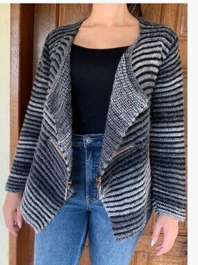 TRICOTS JEAN Marc Paris Women's Striped Knit Cardigan Zipper Detail size large
